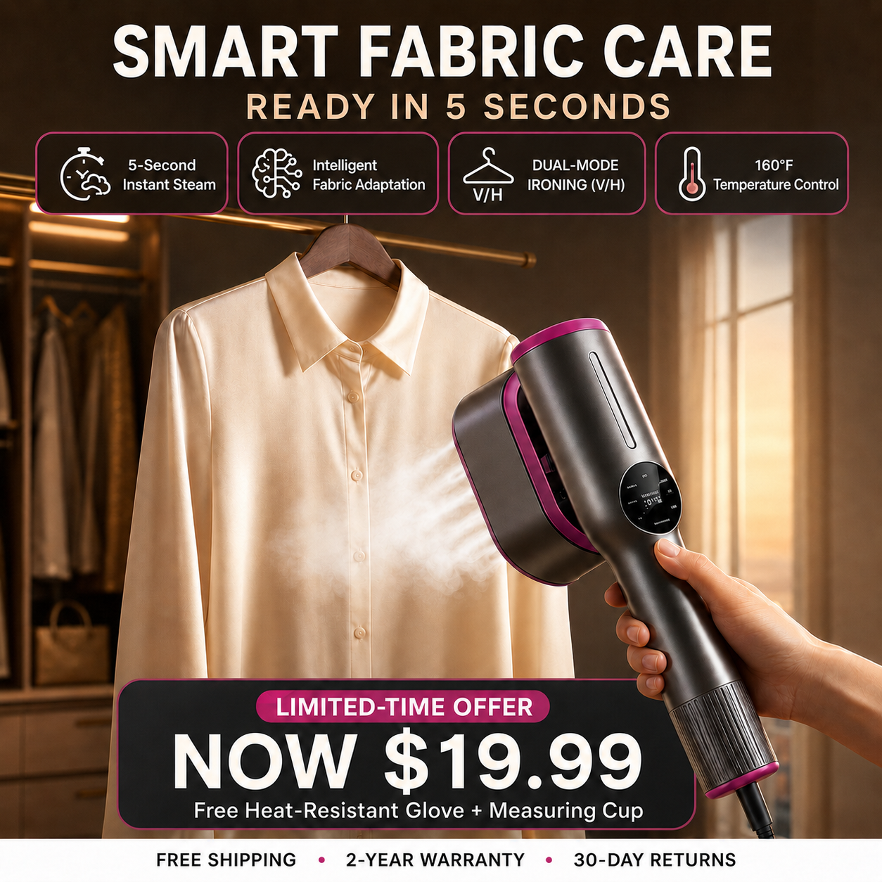 Travel Garment Steamer – 2-in-1 Vertical & Horizontal Steaming, Steam-Ready in 5 Seconds