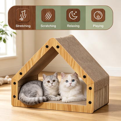 Triangular House Shape Cat Scratcher Bed with Hanging Toy