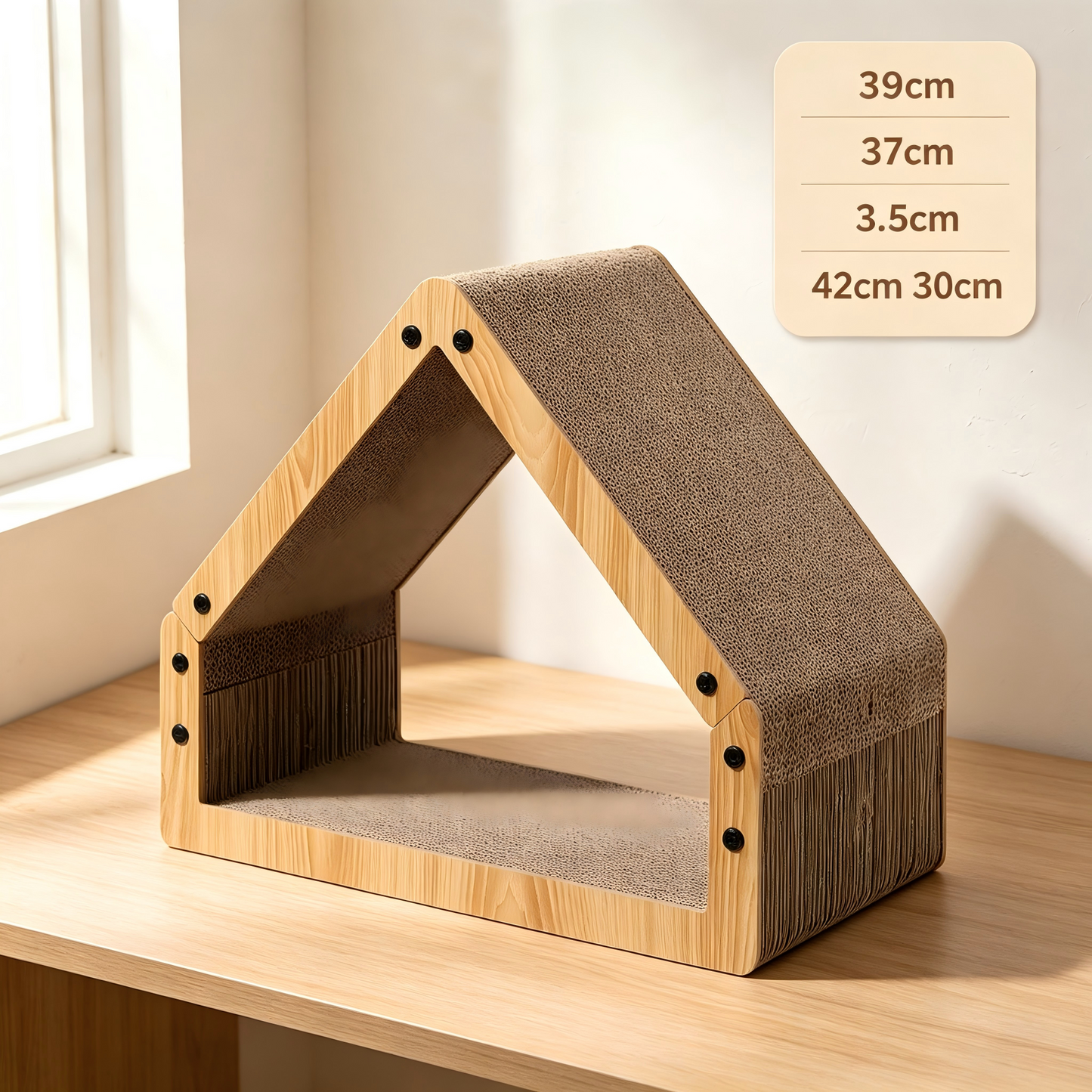 Triangular House Shape Cat Scratcher Bed with Hanging Toy