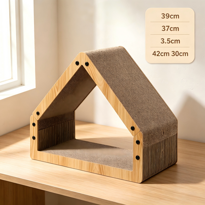 Triangular House Shape Cat Scratcher Bed with Hanging Toy