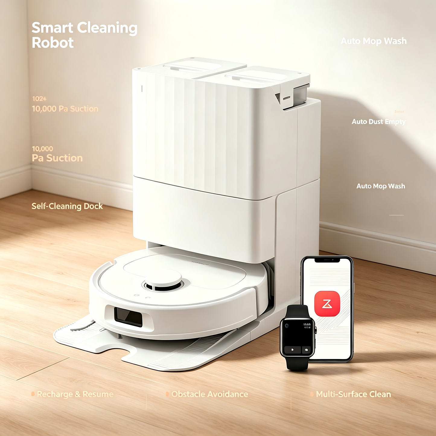Robot Vacuum and Mop Combo with Multi‑Function Auto Dock, 10000Pa Suction Robotic Cleaner for Household Floor Cleaning