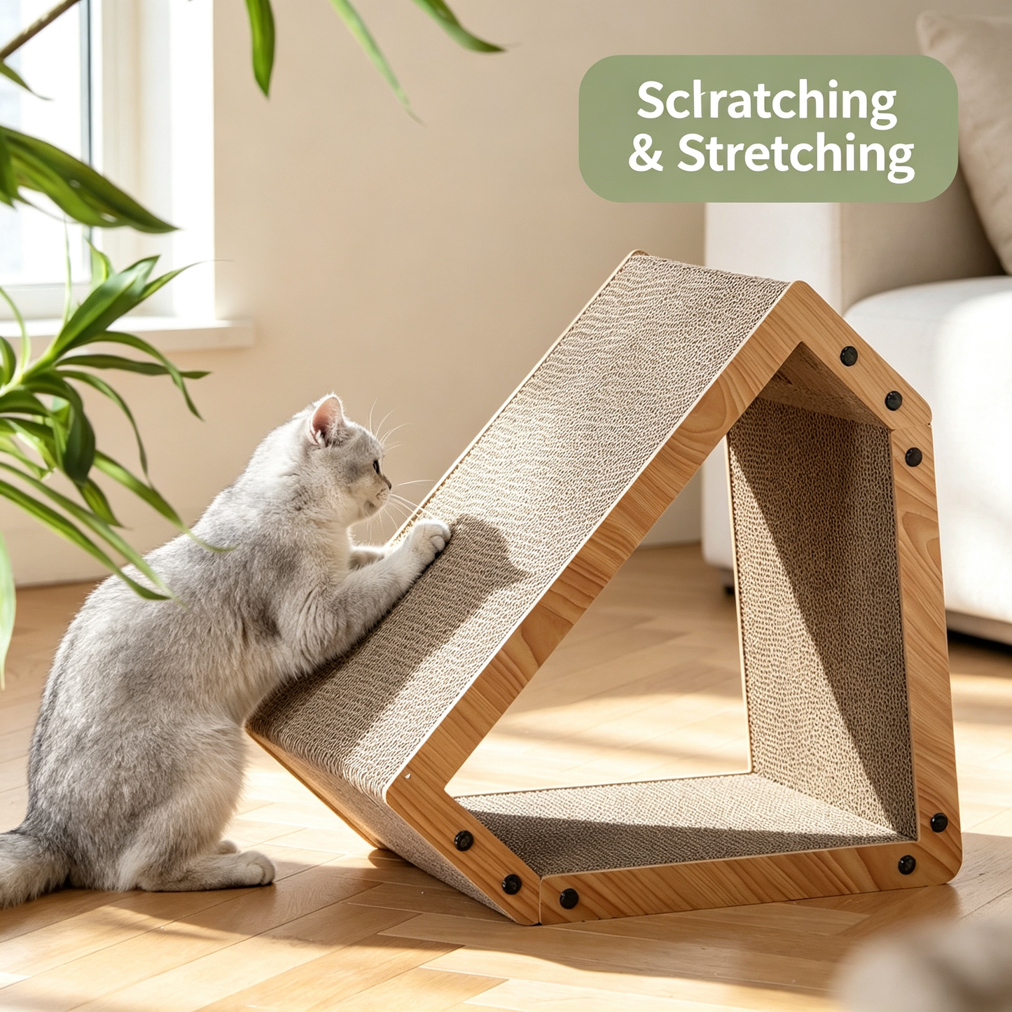Triangular House Shape Cat Scratcher Bed with Hanging Toy