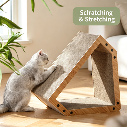 Triangular House Shape Cat Scratcher Bed with Hanging Toy