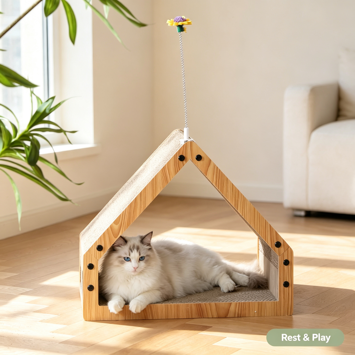 Triangular House Shape Cat Scratcher Bed with Hanging Toy