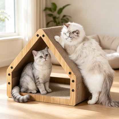 Triangular House Shape Cat Scratcher Bed with Hanging Toy